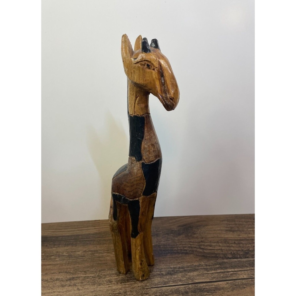 Hand Carved 14" Wooden Giraffe Figurine Statue African Safari Home Decor Glazed